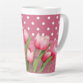  roze tulpen en roze en witte poka dots latte mok (Rechterhoek)