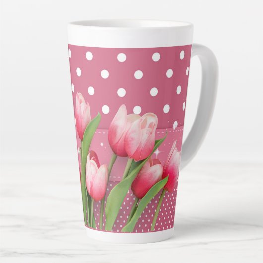  roze tulpen en roze en witte poka dots latte mok (Rechterhoek)