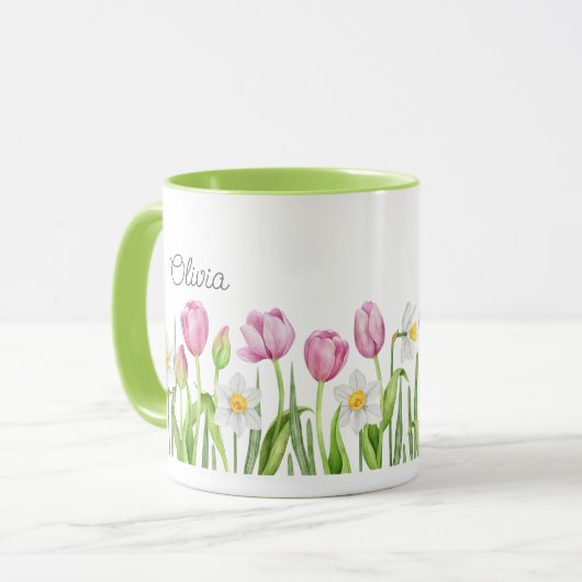 roze tulpen en witte doorgangen Mok koffie (Voorkant links)