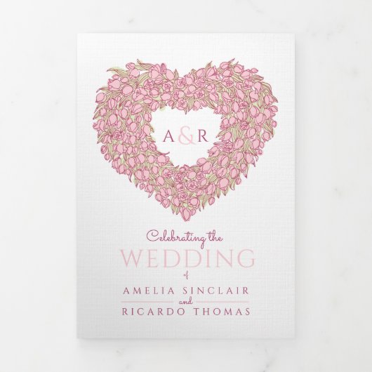 Roze tulpen florale hartkunst monogram bruiloft drieluik uitnodiging (Cover)