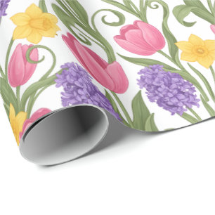Roze tulpen, gele narcissen, paarse hyacinten cadeaupapier
