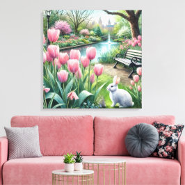 Roze tulpen in het park canvas afdruk