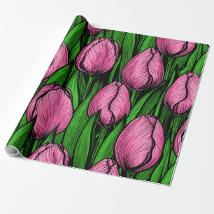 Roze tulpen met groene bladeren cadeaupapier