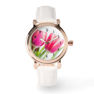 Roze tulpen met groene bladeren Foto Horloge