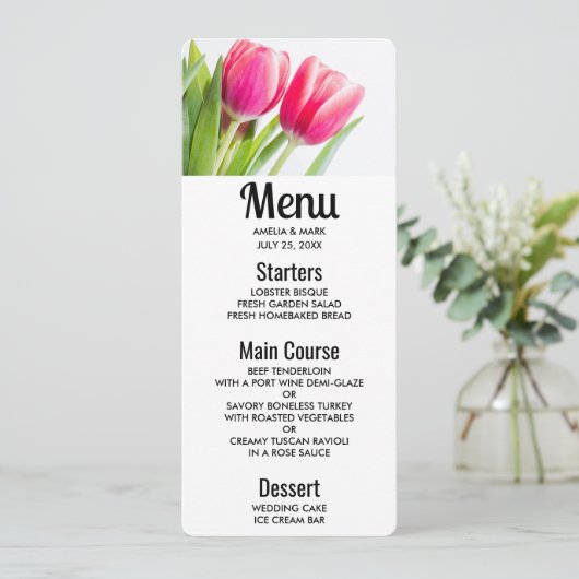 Roze tulpen met groene bladeren Foto Kaart (Staand voorkant)