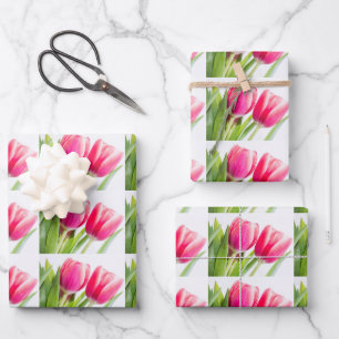 Roze Tulpen met Groene Bladeren Fotopatroon Inpakpapier Vel