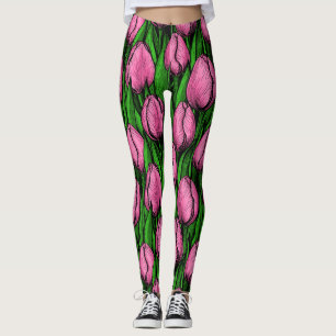Roze tulpen met groene bladeren leggings