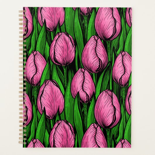 Roze tulpen met groene bladeren planner (Voorkant)