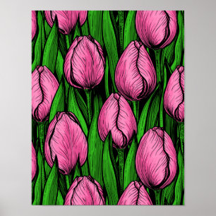 Roze tulpen met groene bladeren poster