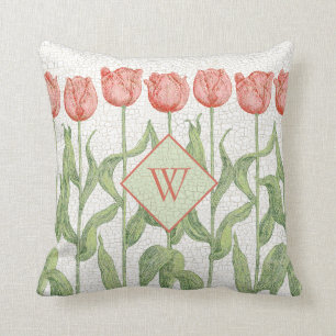 Roze Tulpentuin Monogram Bloemmotief Kussen