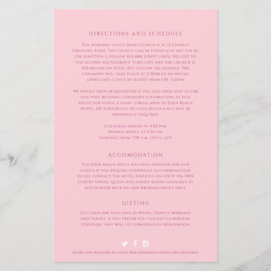 Roze tulpharteninformatie voor bruiloft (Achterkant)