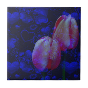 Roze Tulps Blue Hearts Floral Art Tegeltje