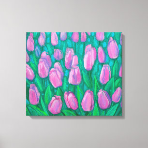 Roze Tulps Field, Floral verven van lentevloeren Canvas Afdruk