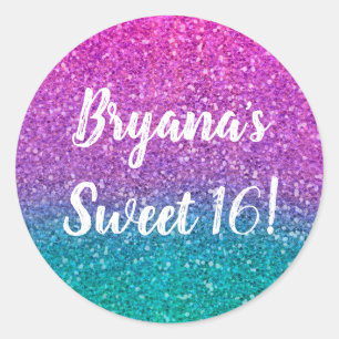 Roze Turkoois Aqua Blauw & Paarse Glitter Feestje Ronde Sticker