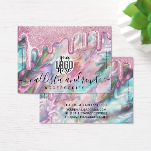 Roze Turkoois Parel Opal Glitter Drips Logo Armban Visitekaartje (Bureau)