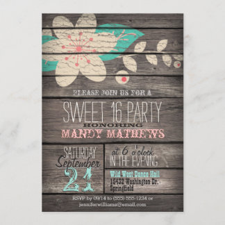 Roze & Turkoois; Rustiek Hout Sweet 16 Party Kaart
