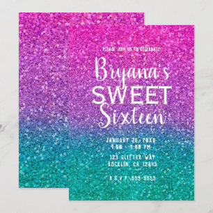 Roze Turquoise Aqua & Paarse Glitterende Sweet 16 Kaart