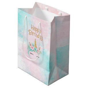 Roze & Turquoise Eenhoorn Meisje Verjaardag Medium Cadeauzakje