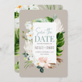 Roze, turquoise en orchidee tropische bloem save the date (Voorkant / Achterkant)