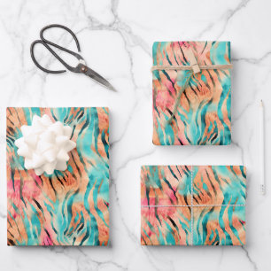 Roze, Turquoise & Oranje Tijgerstrepen Inpakpapier Vel