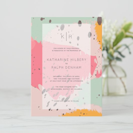 Roze turquoise penseelstreken bruiloft uitnodiging (Staand voorkant)