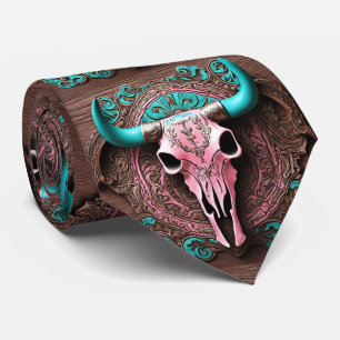 Roze Turquoise Western Country Cowboy Bull SKull Stropdas