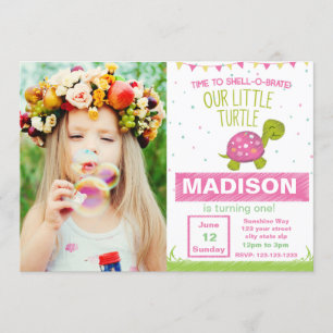 Roze Turtle Birthday Uitnodiging met foto