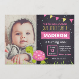Roze Turtle Chalk Birthday Uitnodiging met foto