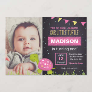 Roze Turtle Chalk Birthday Uitnodiging met foto