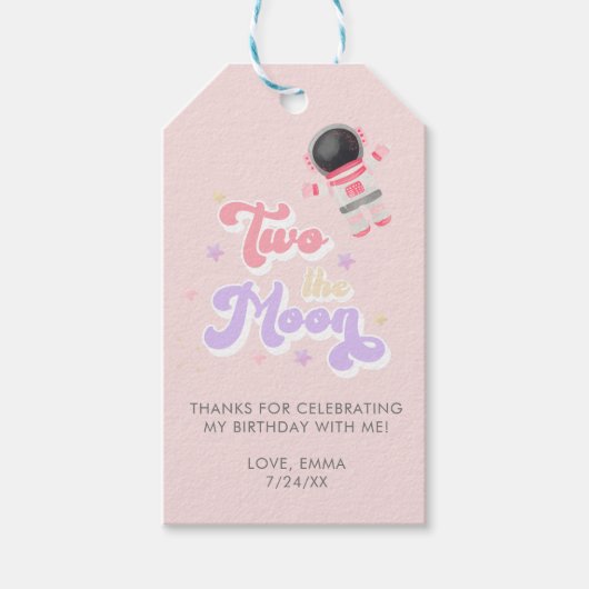 Roze twee de Moon Space Birthday Favors Cadeaulabel (Voorkant)