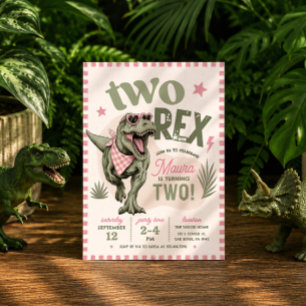 Roze Twee Rex 2e Verjaardagsuitnodiging Kaart