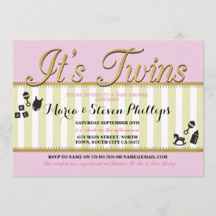 Roze Twin Girls Gold Baby shower Stripe Invite Kaart