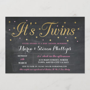 Roze Twins Girl Chalk Gold Baby shower Invite Kaart