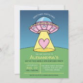 Roze UFO Alien Birthday Party Invitation Kaart (Voorkant)