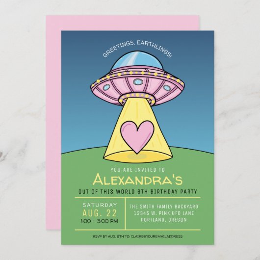 Roze UFO Alien Birthday Party Invitation Kaart (Voorkant / Achterkant)