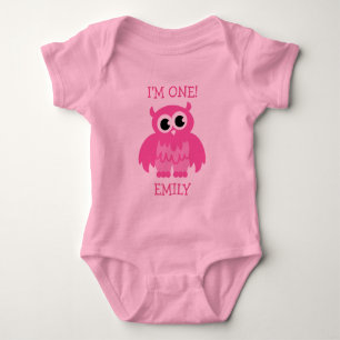 Roze uil 1e verjaardag overall voor baby meisje romper