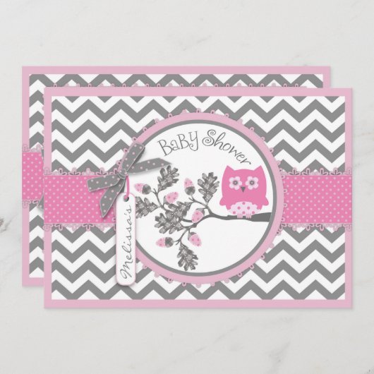 Roze Uil Chevron Print Baby shower Kaart (Voorkant / Achterkant)