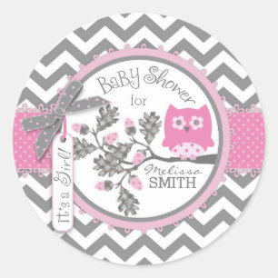 Roze Uil Chevron Print Baby shower Ronde Sticker