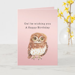 Roze Uil Ik Wens Jou Een Gelukkige Verjaardag Kaart