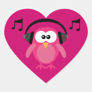 Roze uil met hoofdtelefoon & muzieknoten hart sticker
