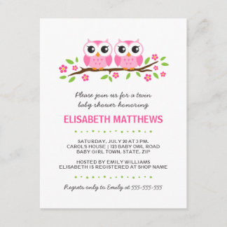 Roze uil op baby shower van tweelingmeisjes in de kaart