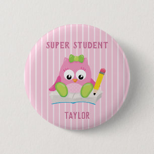 Roze Uil Super Student Ronde Button 5,7 Cm