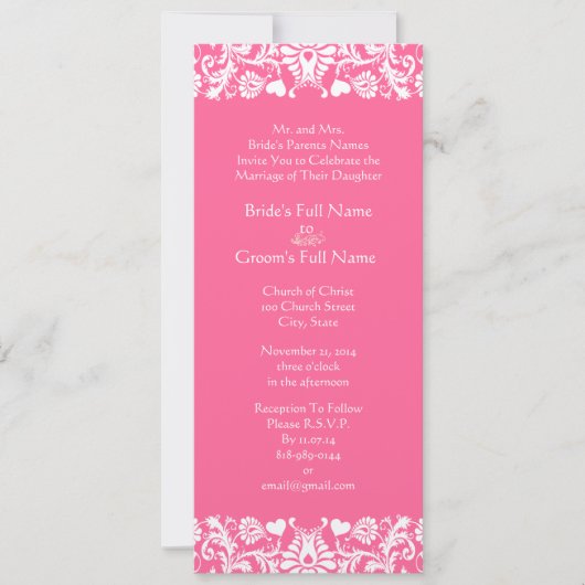 Roze uitnodiging tot het huwelijk van Damask (Voorkant)