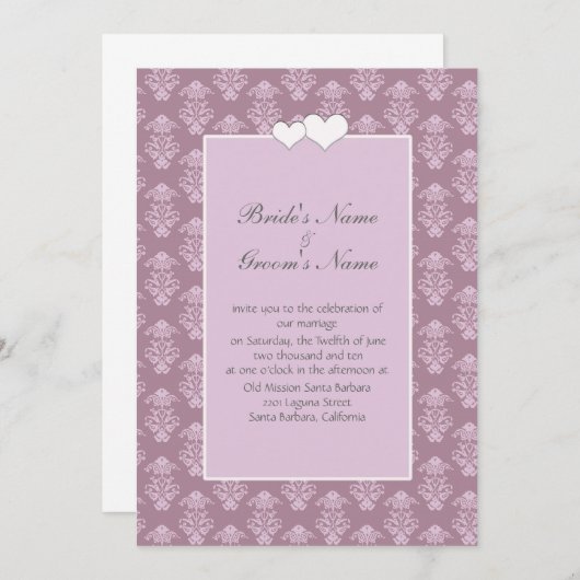 Roze uitnodiging tot het huwelijk van Damask (Voorkant / Achterkant)