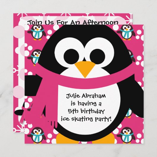 Roze uitnodiging van Penguin (Voorkant / Achterkant)