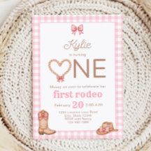 Roze uitnodiging voor 1e verjaardag 'Eerste Rodeo'