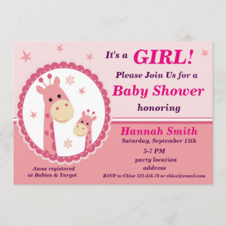 Roze uitnodiging voor het baby shower giraf