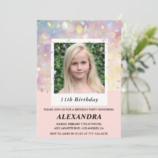 Roze uitnodigingen voor 11e verjaardag Confetti Fo (Staand voorkant)