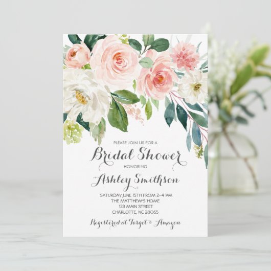 roze uitnodigingen voor bruidsfeest, roze bloemen (Staand voorkant)