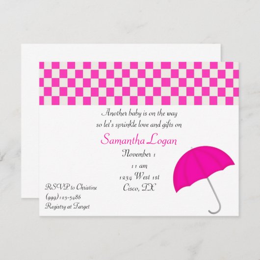 Roze Umbrella Sprinkle Baby shower Uitnodiging (Voorkant / Achterkant)